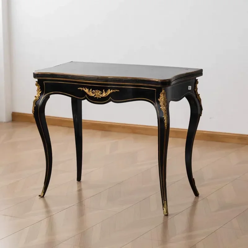 American Solid Wood Black Retro Small Coffee Table Classical Carved Edge Sofa Side Table Gold Accent Piece for Villa Corner