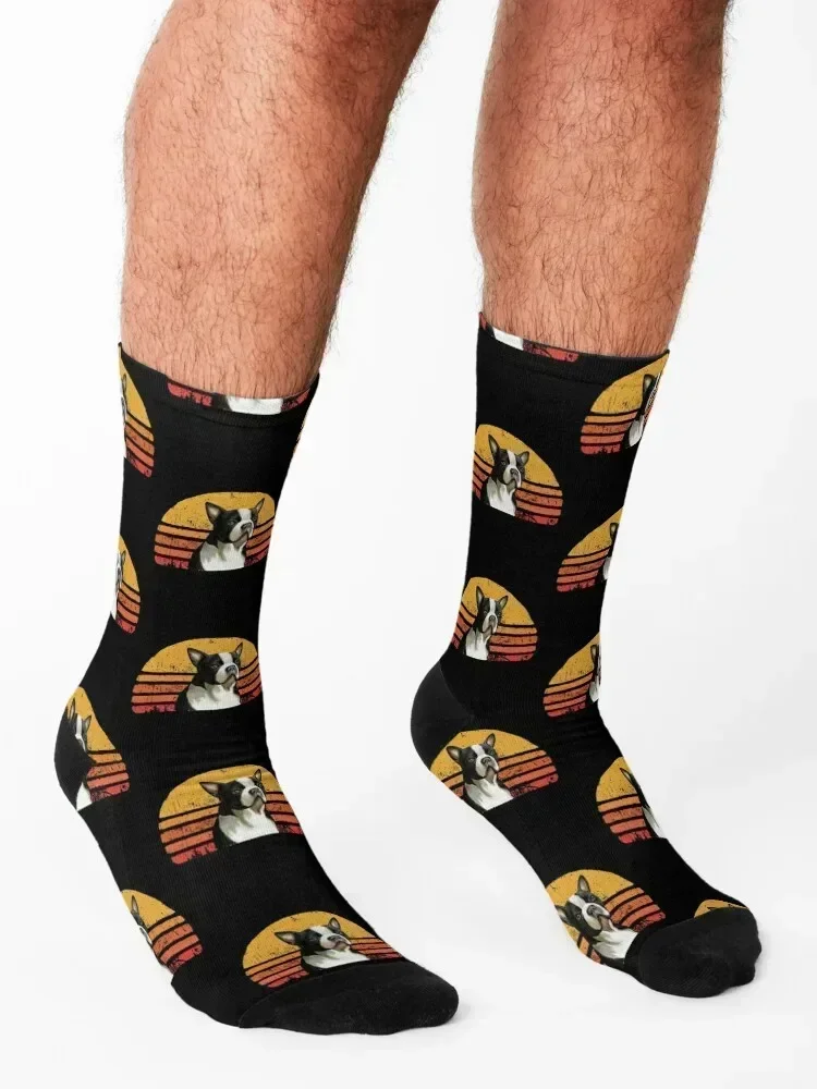 Boston Terrier Vintage, Retro Boston Sunset, Mom, Dad, Owner, Gift, Birthday Gifts Socks happy designer brand Socks Girl Men's
