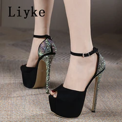 Liyke Runway Style Rhinestones Women Super High Heels Sexy Sandals Open Toe Ankle Buckle Strap Platform Shoes Stiletto Mujer