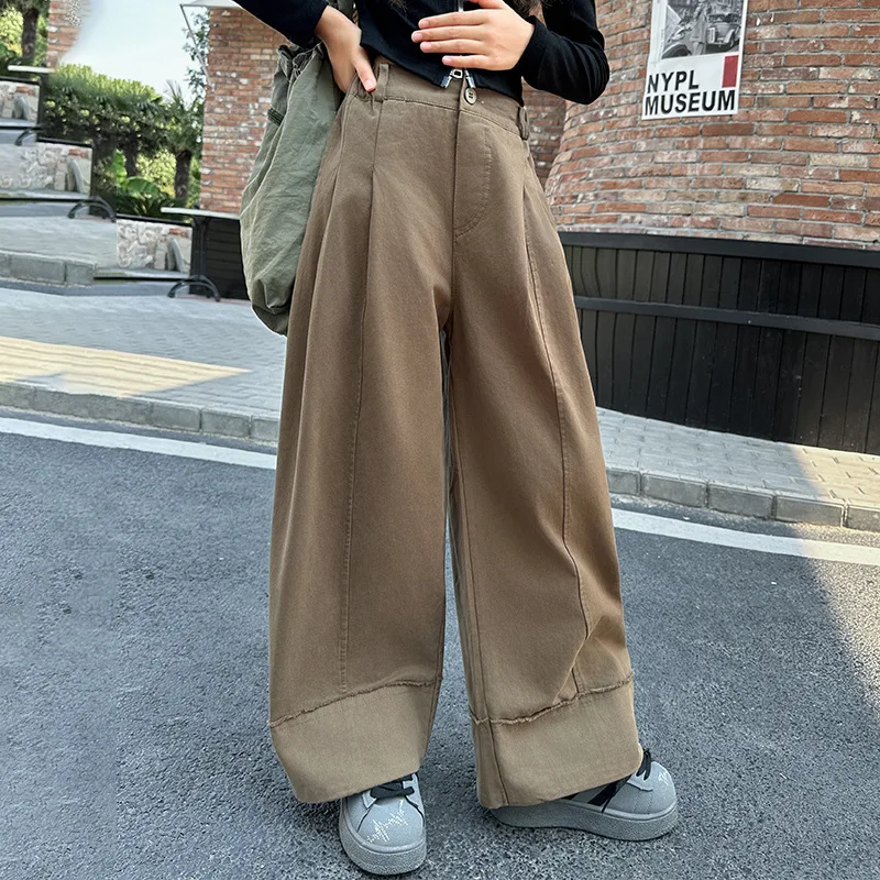 

2025 Autumn Teenager Girls Pant Simple Solid Color Kids Girls Straight Leg Pant Button Loose Mid Waist Children Girls Pant