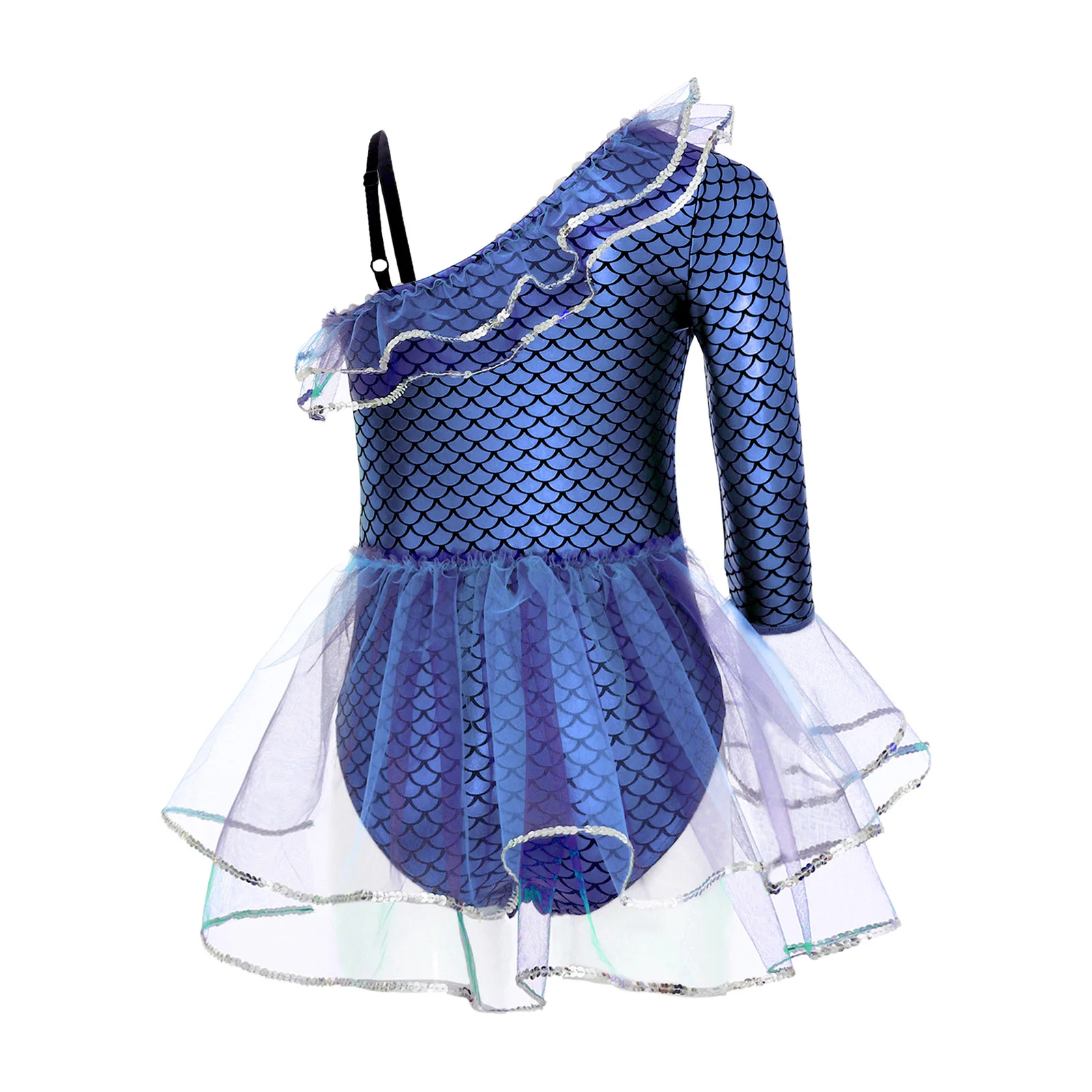 Carnival Mermaid Cosplay Jumpsuit for Girls Figure Ice Skating Ballet Dance Performance Costume Right Mesh Flare Cuff Bodysuit