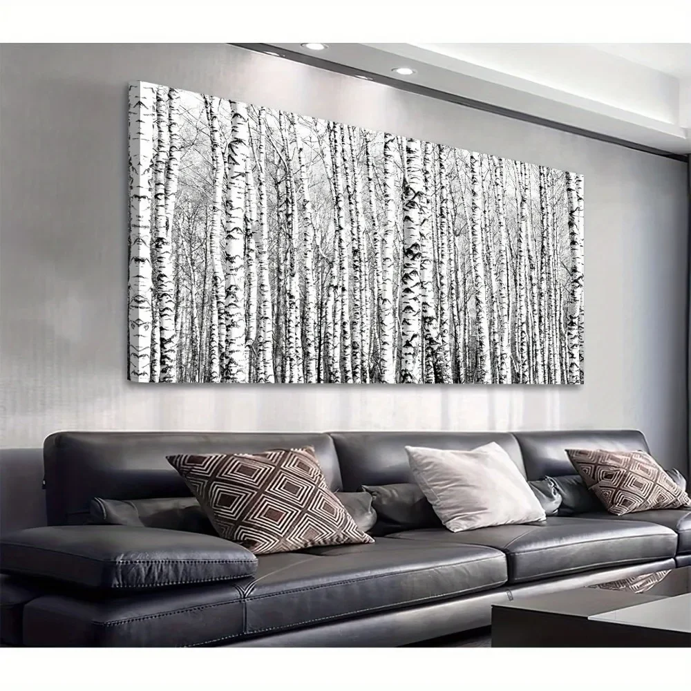 Arte de pared de lienzo de abedul grande enmarcado: escena moderna del bosque en blanco y negro, decoración de estilo otoño para sala de estar y oficina en casa