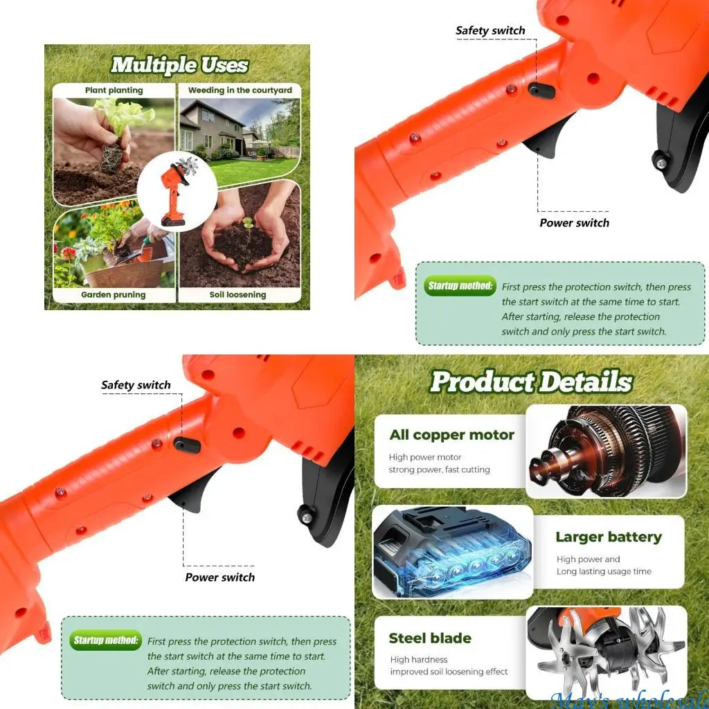 

Electric Mini Tiller 21V 2 Battery Safety Blade Removal Cultivator Tool 448A