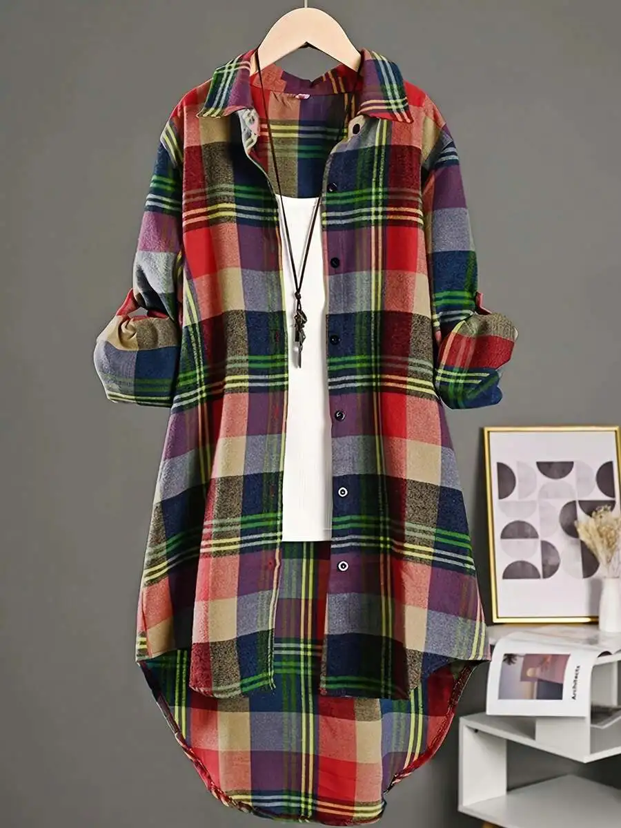 

Women's Multicolor Plaid Shirt with High-Low Hem and Roll-Up Sleeves for Casual Autumn Wear