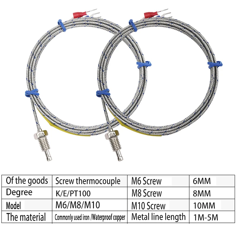 1 par termoelétrico de parafuso k/e tipo sensor de temperatura de alta precisão m6 m8 a linha térmica da sonda do termostato blindado fio 1m-5m