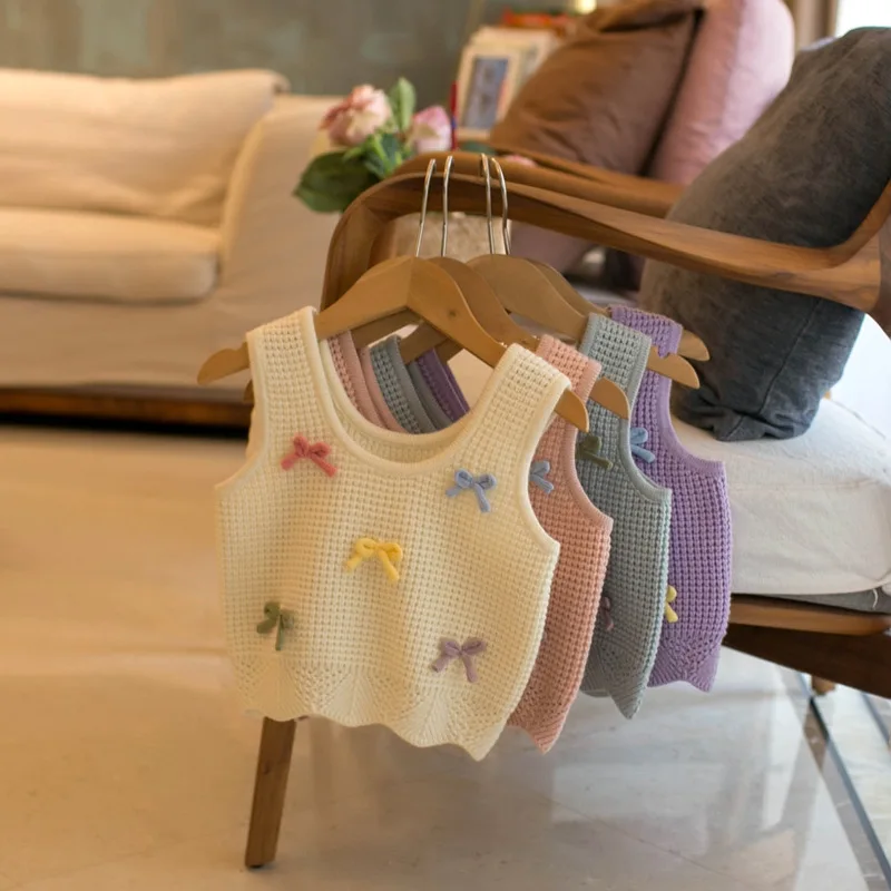 Girls Cute Sweater Spring and Autumn Children's New Multi Colored Bow Vest for Children