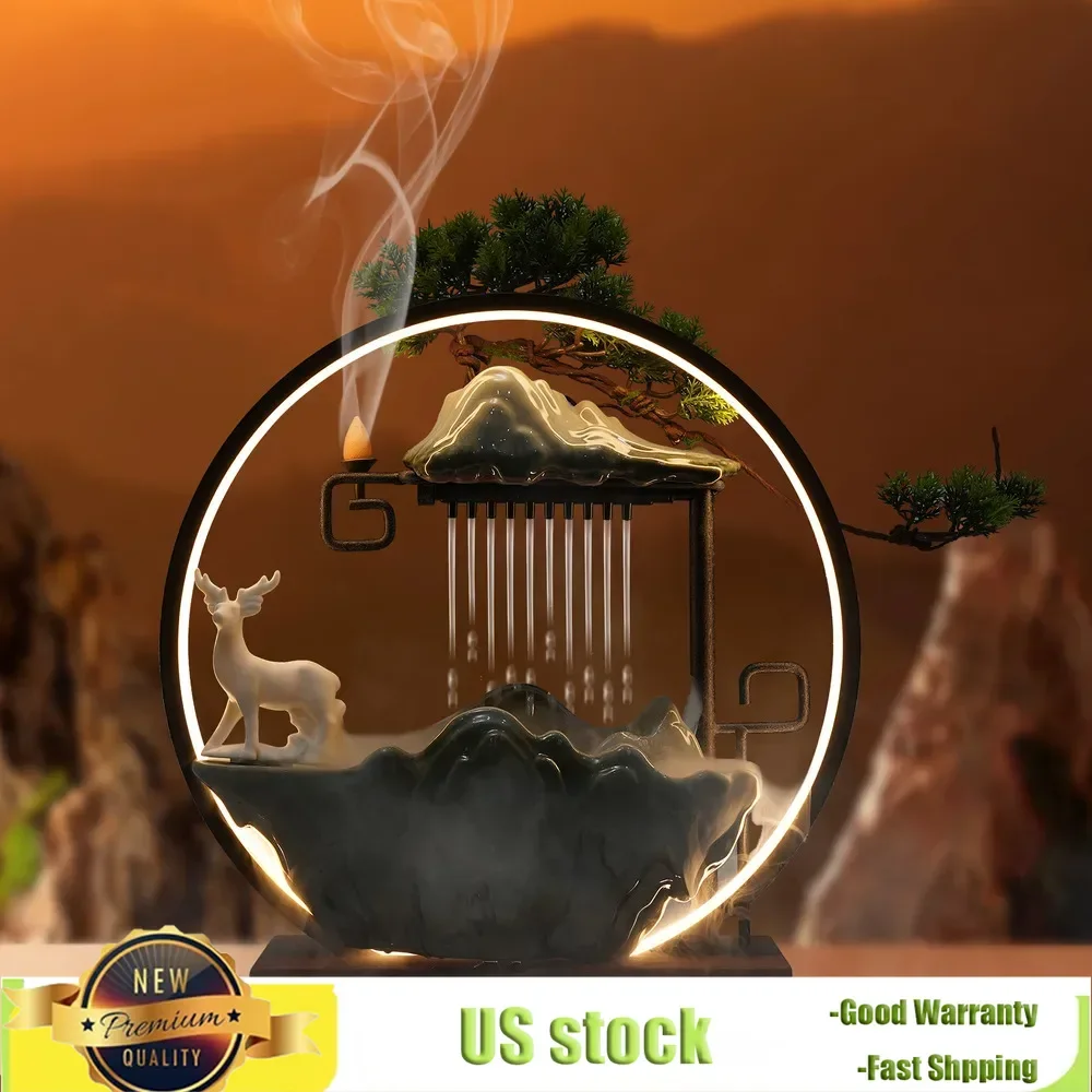 

Bymaocar Indoor Water Fountain With Mist Touch Switch LED Light Incense Burner Waterfall Relaxing Table Decor Unexpected Gift