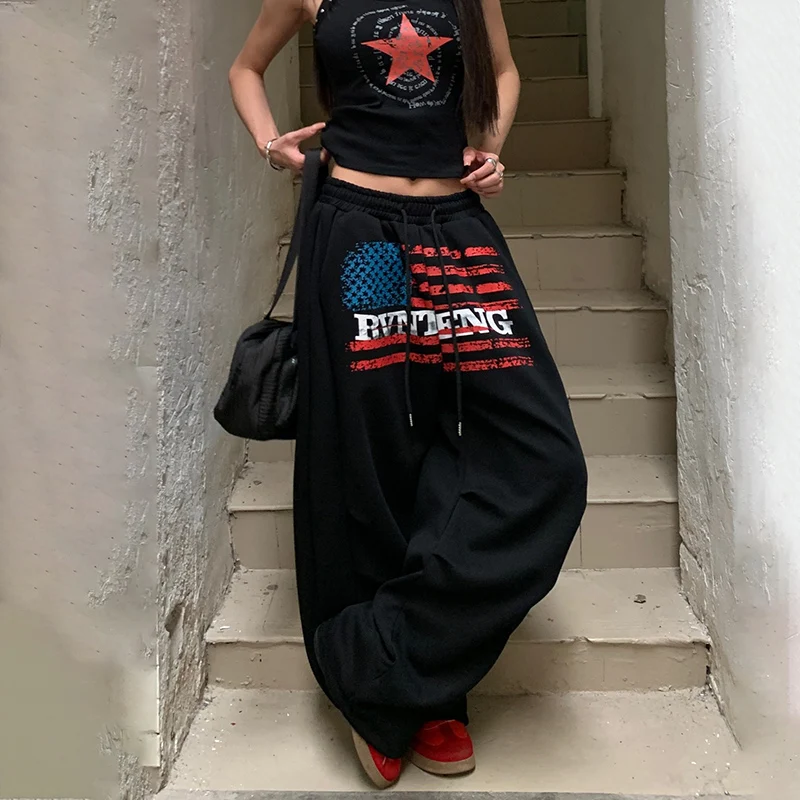 新しいハイストリート女性カジュアルパンツアメリカンヒップホップワイドレッグスウェットパンツ春秋トレンディストリートウェア多用途スポーツズボン