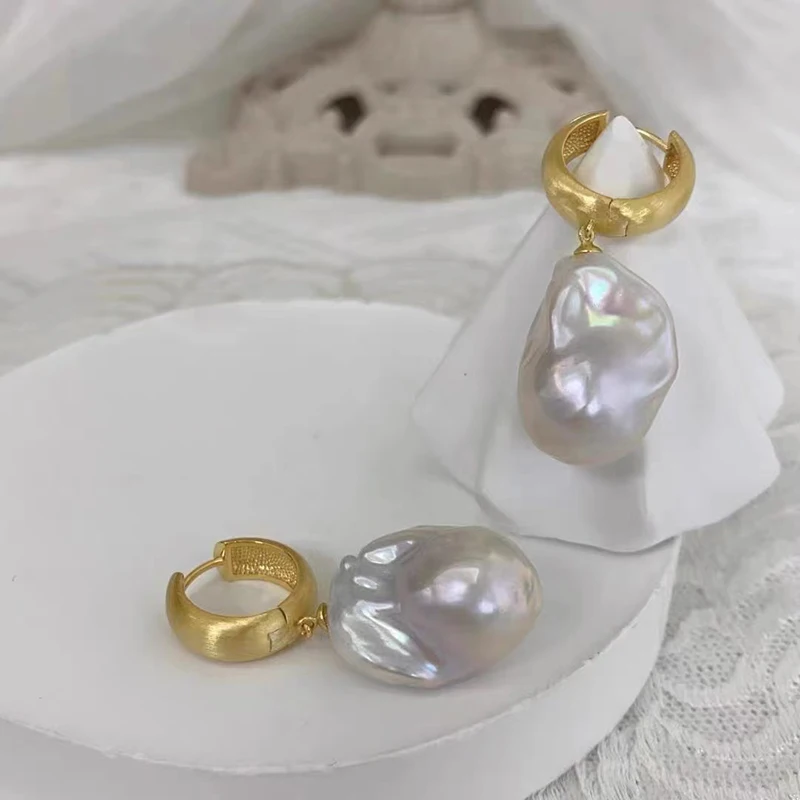 925 sterling silver hot sale100% Natural Freshwater Baroque Pearl Drop Earrings INS Fine Jewelry Gift for Women 15-25mm EX image 3