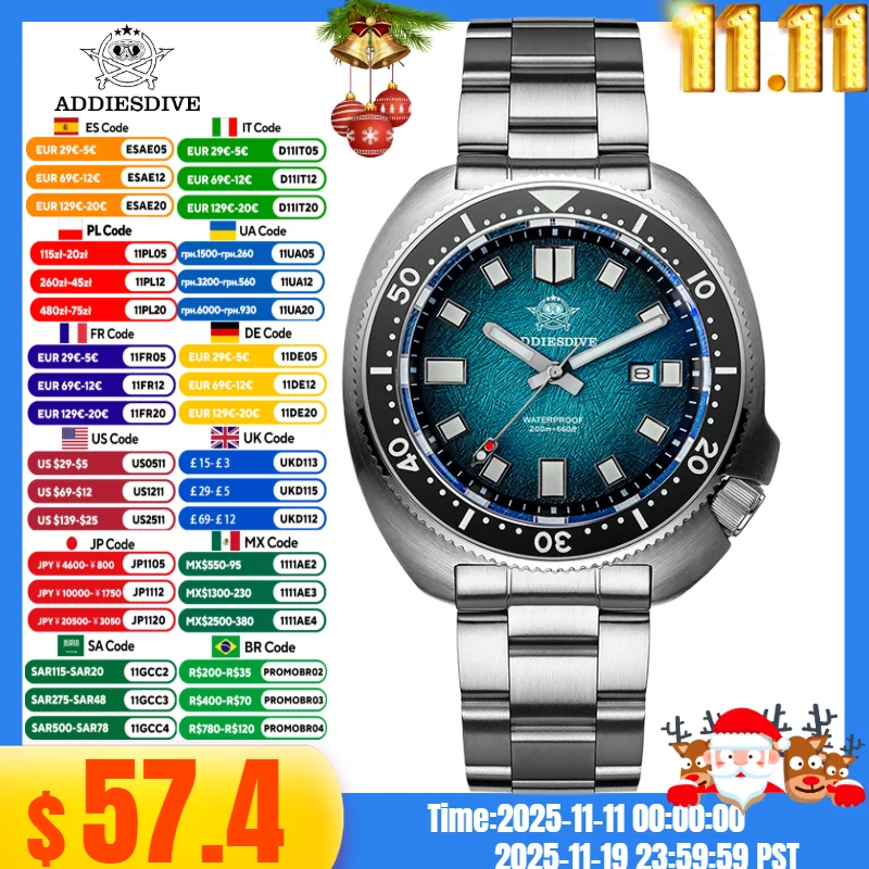

ADDIESDIVE 2025 NEW Men‘s Abalone Watch 20Bar Waterproof AD2511 Reloj Hombre BGW9 Super Luminous Sapphire Glass Quartz Watch