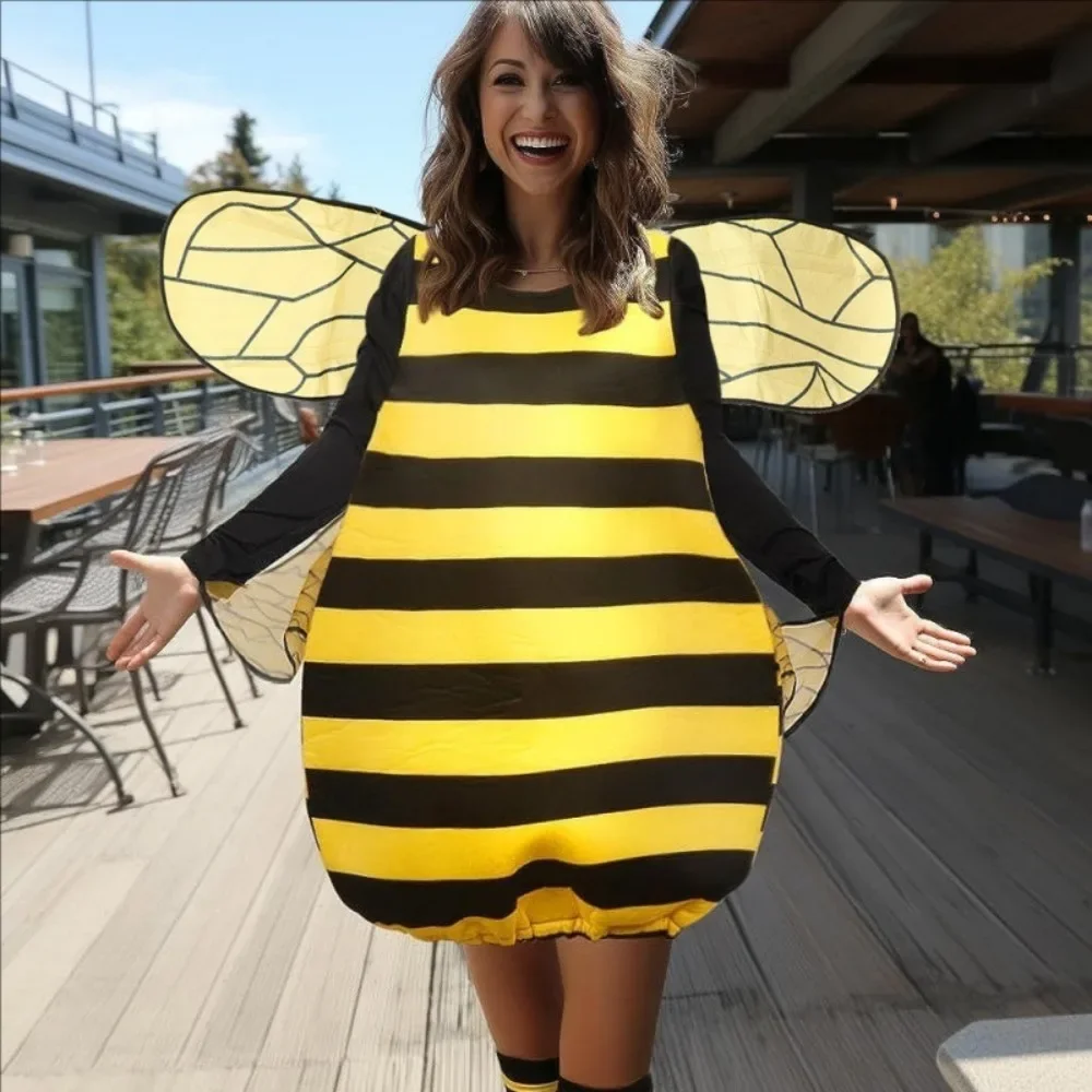 

Halloween Bee Costume, Adult Women and Men's Universal Yellow and Black Striped Jumpsuit, Detachable Wing Cosplay Costume