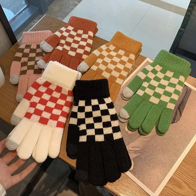 Winter Elastic Knitting Gloves Women Fashion Checkerboard Magic Stretch All Finger Mittens Touch Screen Thicken Warm Gloves T167