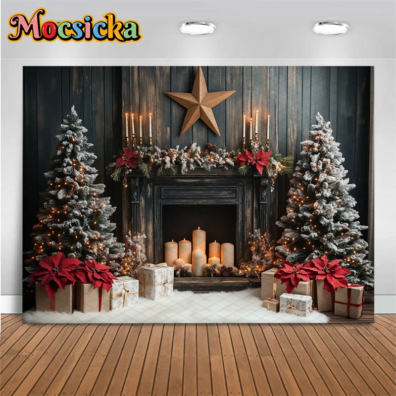 Mocsicka Christmas Tree Backgrounds Photography Gifts Fireplace Home Decorations Baby Kids Photo Backdrops Shooting Props Studio