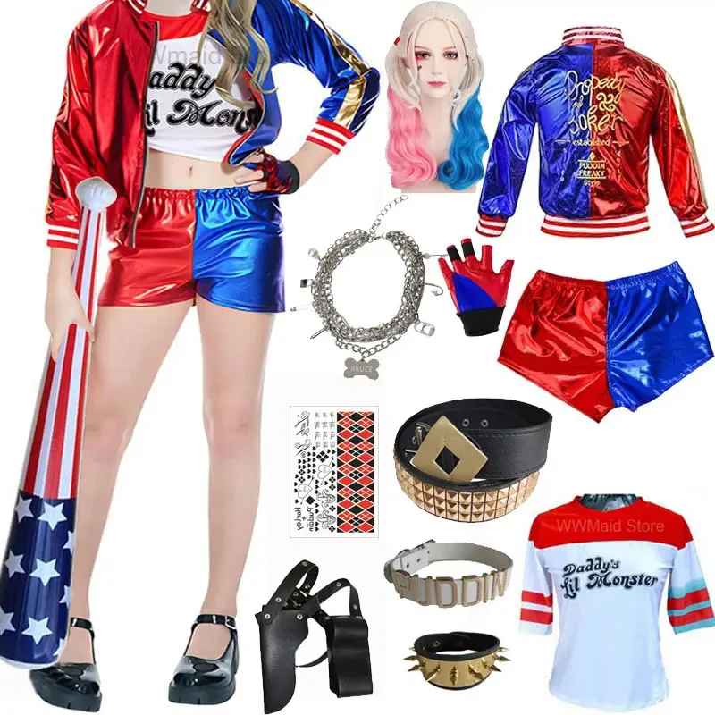 

Girls Women Quinn Costume Suicide Harley Stitched Jacket Shirt Pants Necklace Accessory Monster Cosplay Halloween Costume