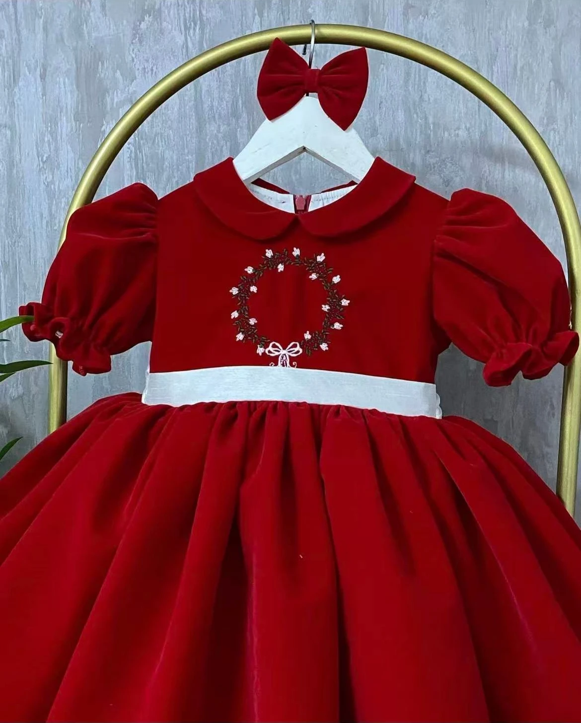 0-12Y Baby Girl Autumn Red Velvet Garland Embroidery Vintage Princess Dress for Birthday Photography Holiday Eid Christmas C206