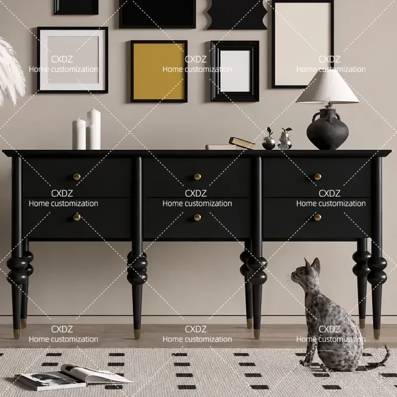 Medieval Style Entrance Cabinet Light Luxury Solid Wood Black Entryway Table Storage Decorative Wall Side Cabinet