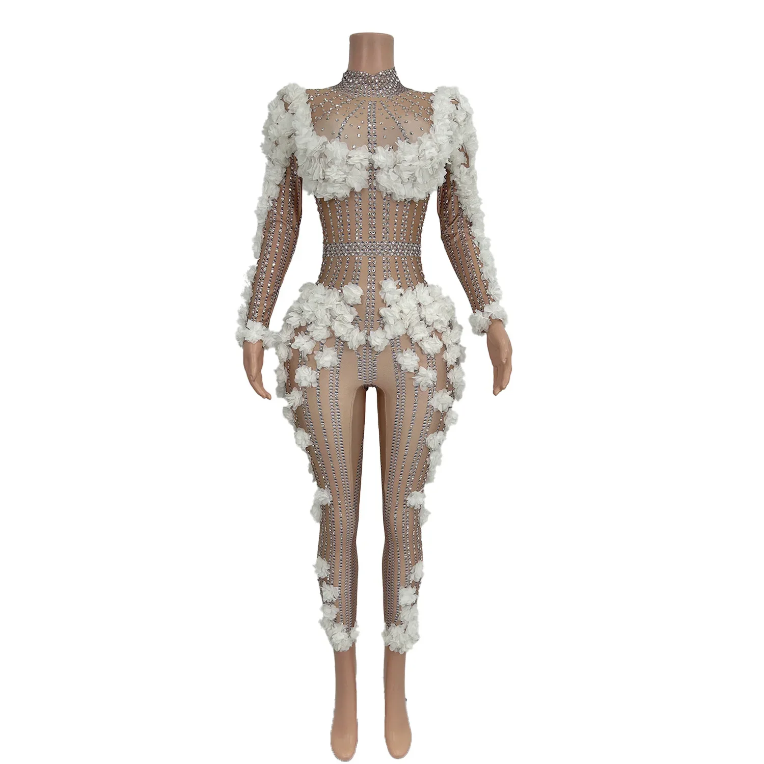 Sexy Women Bodycon One Piece Playsuits Fashion White Flowers Diamonds Jumpsuit Singer Stage Performance Wear Shoot Photo Outfit