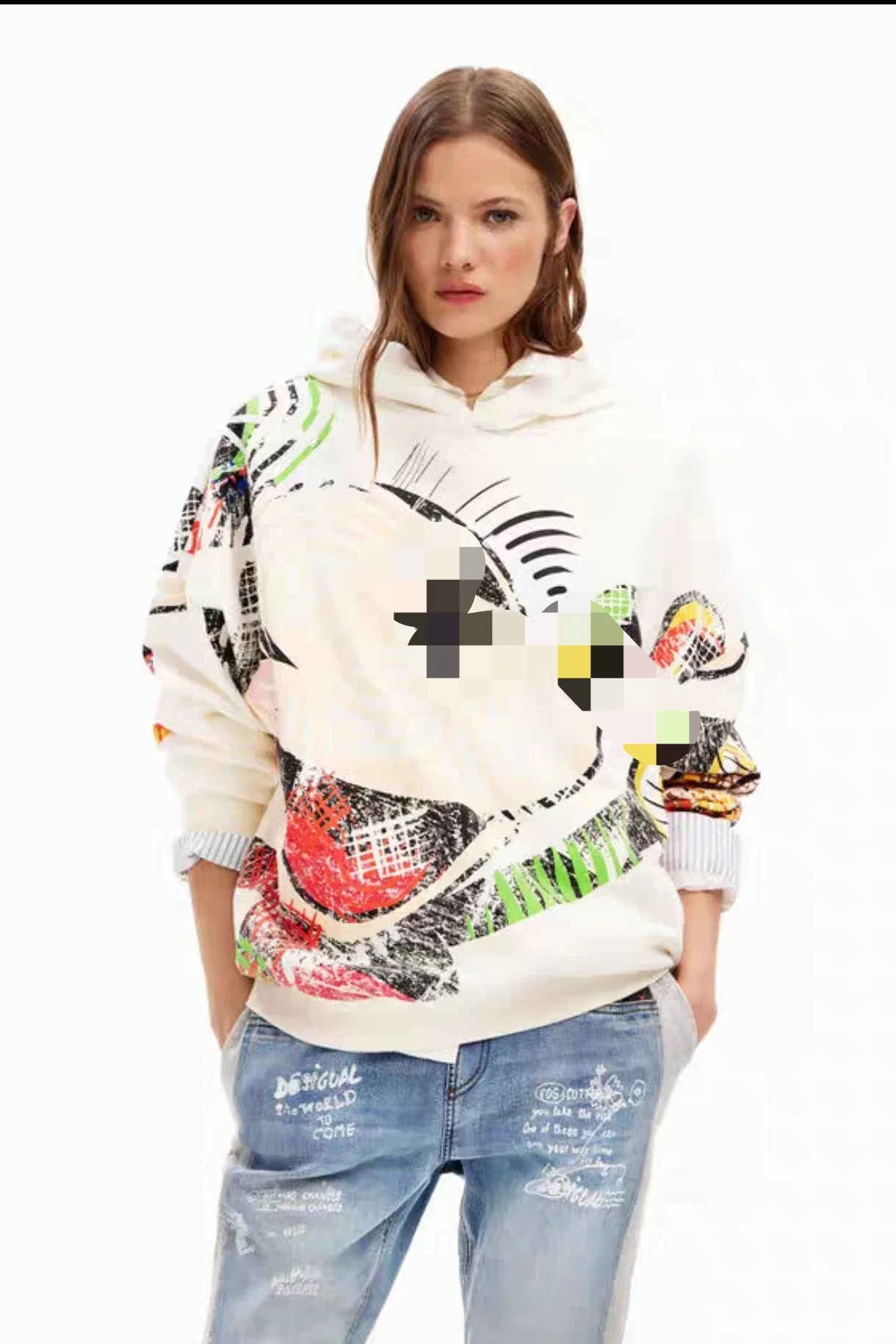 Foreign trade original single Spanish new print profile hooded casual plus fleece pullover hoodie