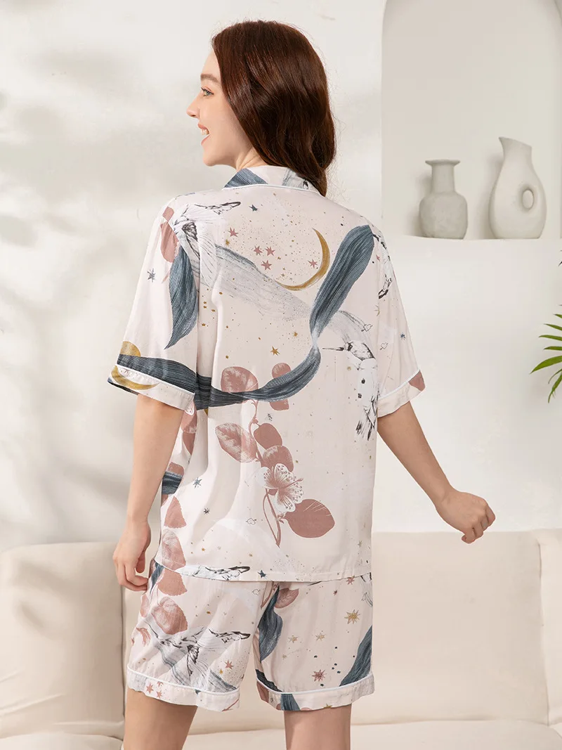 Plus Size S-3XL Viscose Pajama Sets for Women Floral Print Short Sleeve Pajamas Comfortable Homewear Pajamas for Women