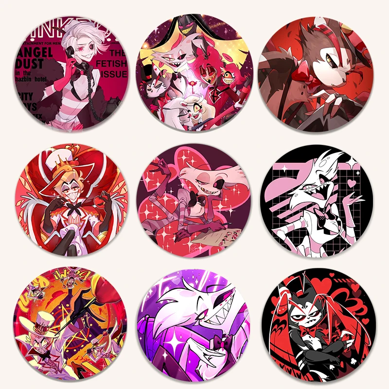 

75 мм Hazbin Hotel Angel Dust Alastor Vox Husk Аниме Периферийные устройства Значок Аксессуары Украшения Коллекционная модель игрушки Подарок