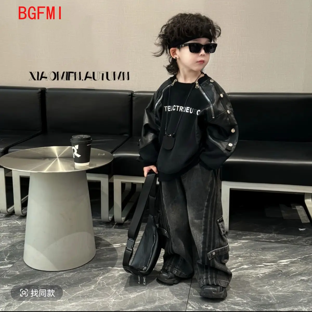 Kids Boys Spring Autumn Winter Letter Top Jeans Set Korean Zipper Leather Patchwork Hoodie Wide Leg Denim Overalls 2pcs Set