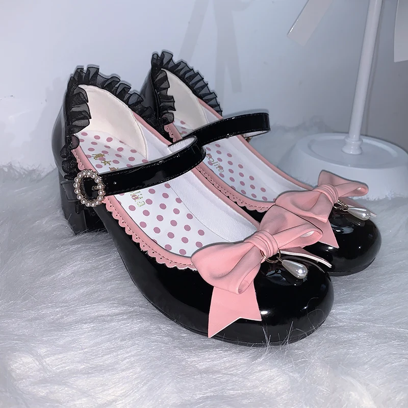 

Loli Girl Shoes Mary Jane Round Head Pu Leather Japanese Soft Lolitas Middle Heel 5cm Student Anime Bowknot Kawaii Goth Shoe