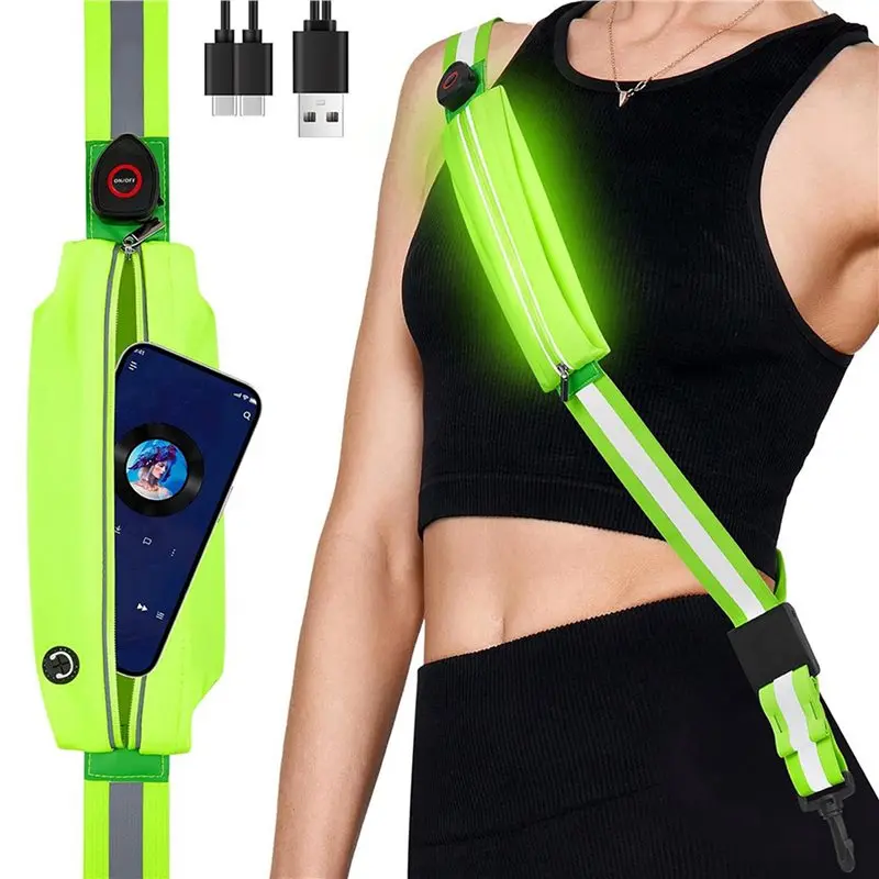 2X LED Reflective Belt Sash With Phone Holder, High Visibility Reflective Running Gear Rechargeable Light-Y41A