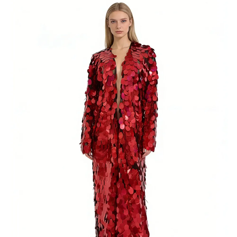 Red Sequins Mesh Loose Extra long Coat Bar Concert Women Singer Stage Wear Christmas Party Festival Clothing Drag Queen Costume