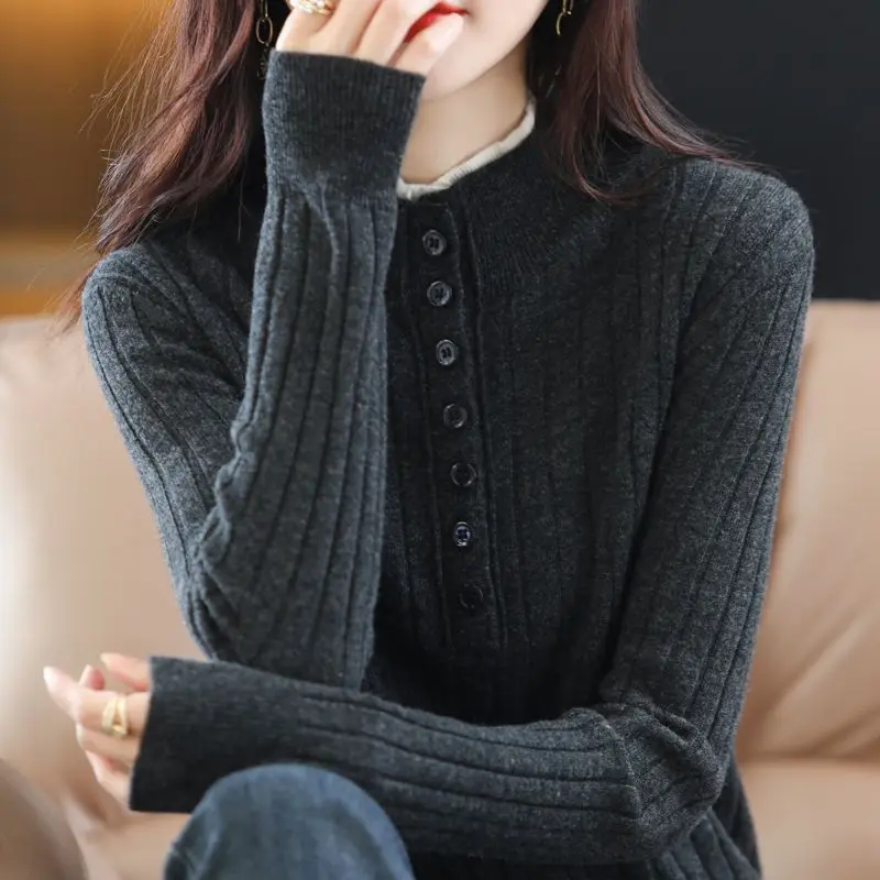 2022 Autumn/Winter New Fake Two Piece Spliced Standing Neck Knit Long Sleeve Temperament Sweater Versatile Office Lady Tops