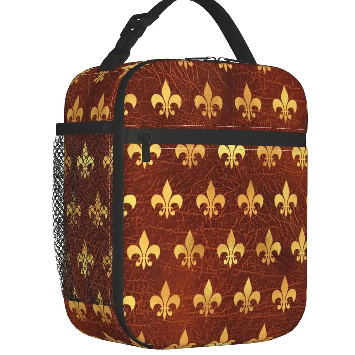 Custom Royal Gold Brown Leather Fleur De Lis Lily Flower Lunch Bag Women Thermal Cooler Insulated Lunch Box for Kids School