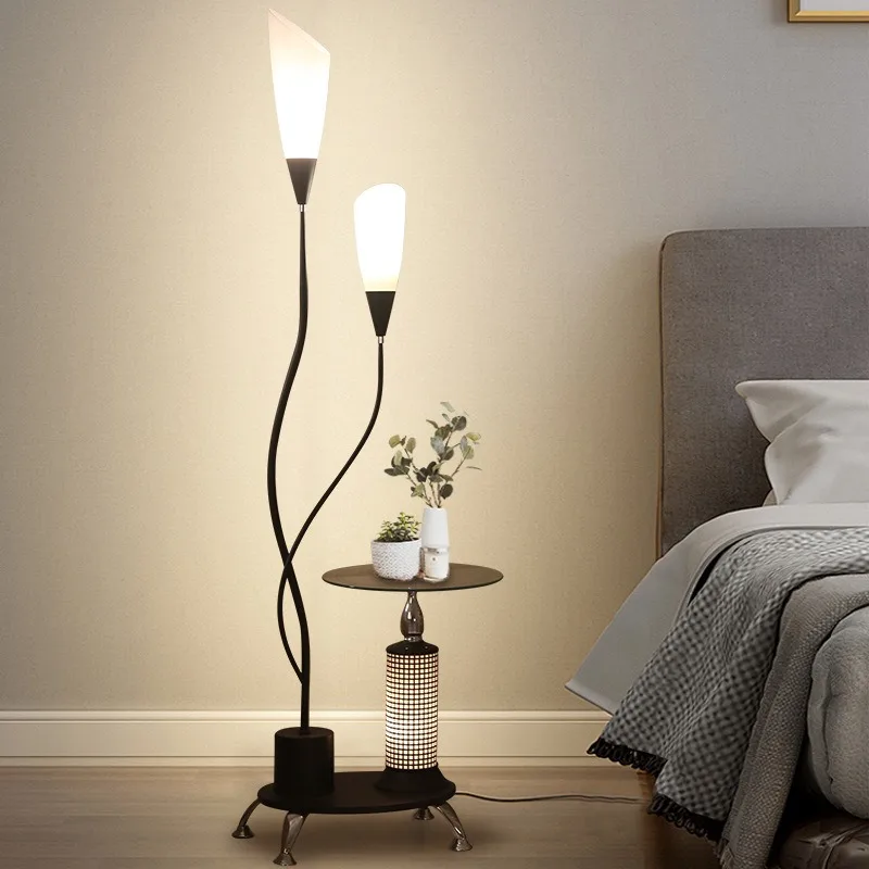 Multi-functional Floor Lamp with Storage Shelf 2-Light LED Floor Lamp with Side Table Modern Corner Lamp for Home Decor Socket