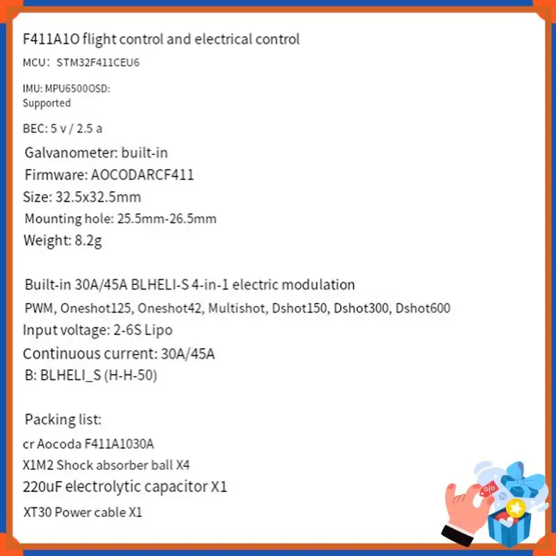 

Compact F411 AIO Flight Controller With MPU6500, 30A/45A BLHELI_S BLS ESC, 2-6S For 25.5-26.5MM FPV Racing Drones A