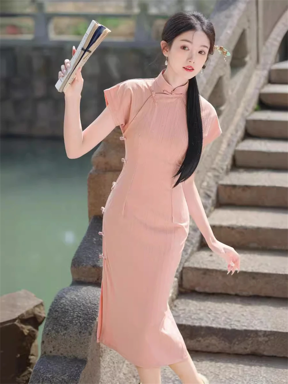 

Spring Summer Elegant Improved Cheongsam Young Girl Comfortable Breathable Mid-length Chinese Traditional Vintage Qipao Dress