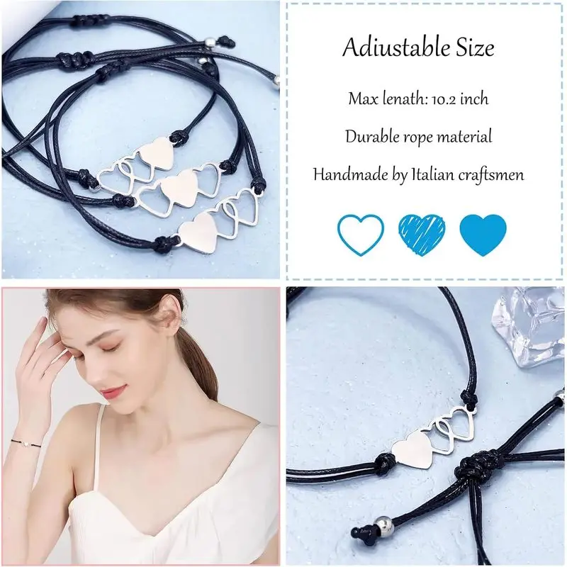 Best Friend Bracelets for 3, Friendship Bff Matching Heart Bracelet, Trio Friends, Long Distance Birthday Jewellery  HJ