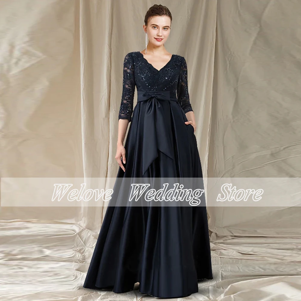 Elegant Wedding Party Gown For Woman Satin Floor Length With 3/4 Lace Sleeve V Neck With Bow Mother Of The Bridegroom Dress 2022