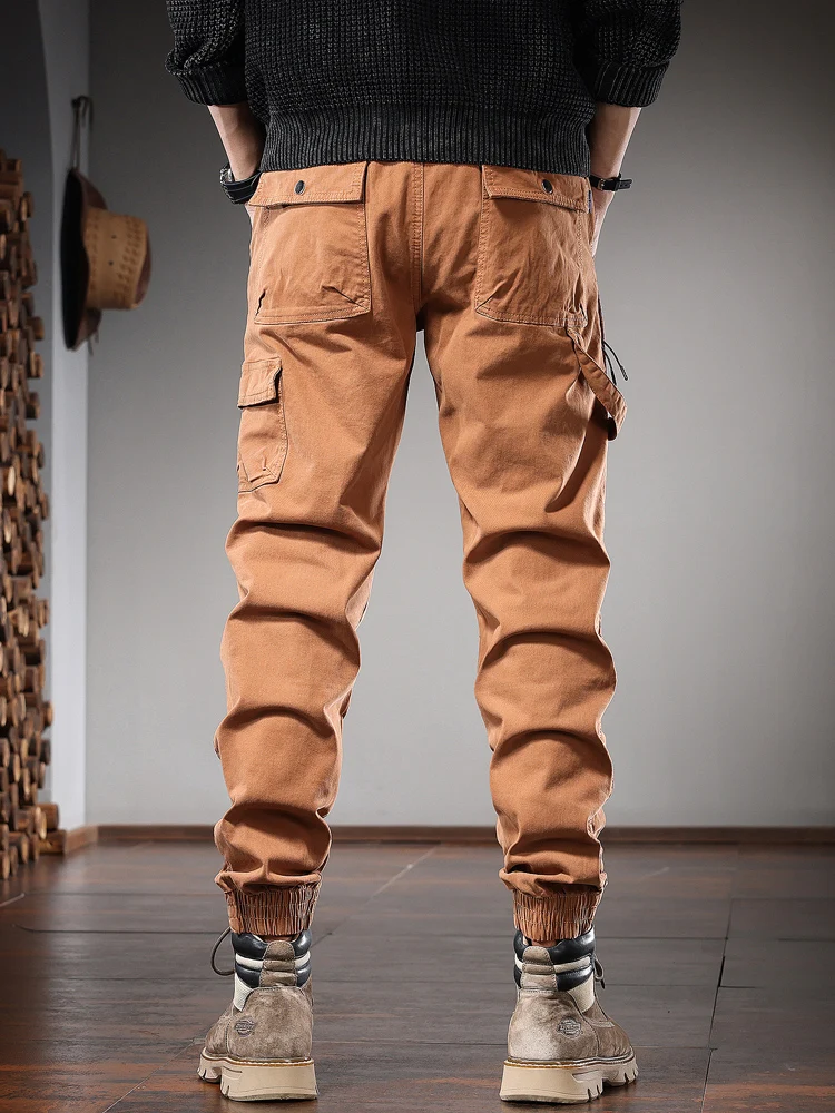 Autumn Cotton Casual Pants Men Tactical Cargo Pants Fashion Slim Fit Elastic Waist Drawstring Trousers