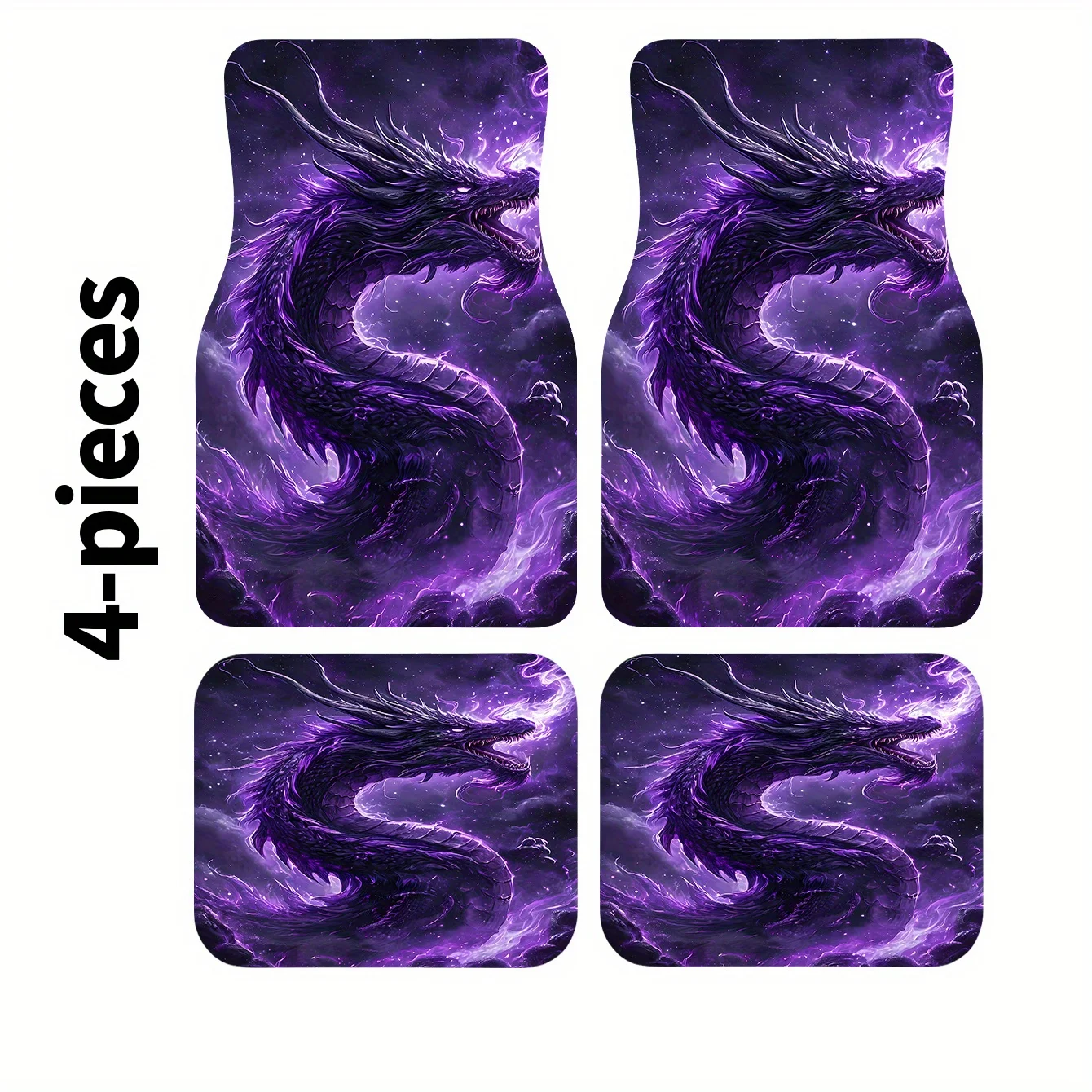 4pcs Purple Divine Dragon Print Trendy Car Floor Mat Set, Car Interior Accessory Floor Mats, Easy To Clean, Suitable For Stylish