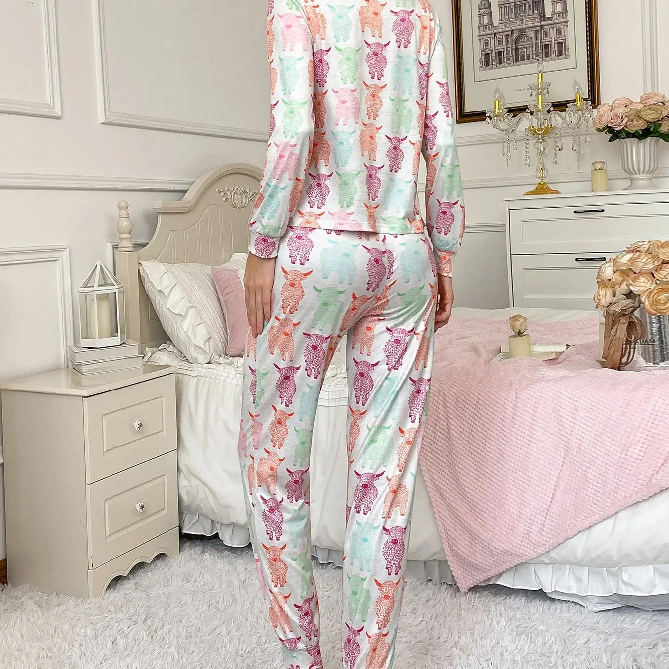 Macaron Cartoon Yak Printed Women's Pajama Set Long Sleeve Long Pants Skin friendly Soft Home Clothes Two Piece Set