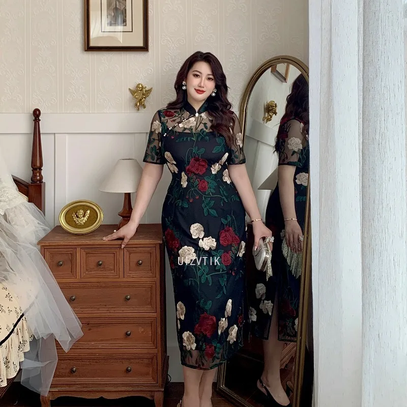 

Black Lace Embroidered Flower Cheongsam Spring Summer New Retro Improved women's Plus Size Clothing Women Elegant Daily Qipao