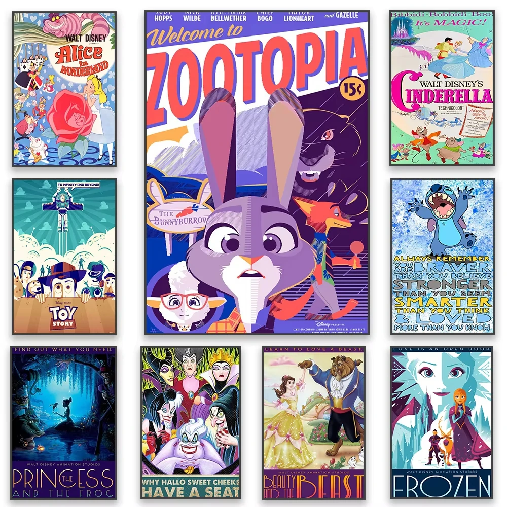 1 pieza de póster de película sin marco de Cenicienta, Zootopia, Aladdin, Princesa Disney, Jasmine, pintura vintage en lienzo para pared infantil