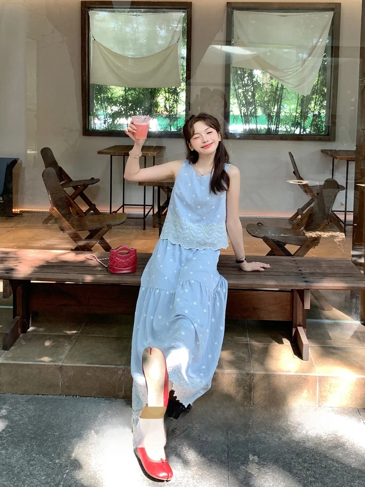 

Синий летний женский комплект с жилеткой и юбкой, повседневный свободный крой, футболка с высокой талией, круглый костюм из двух предметов, корейский ансамбль Sle