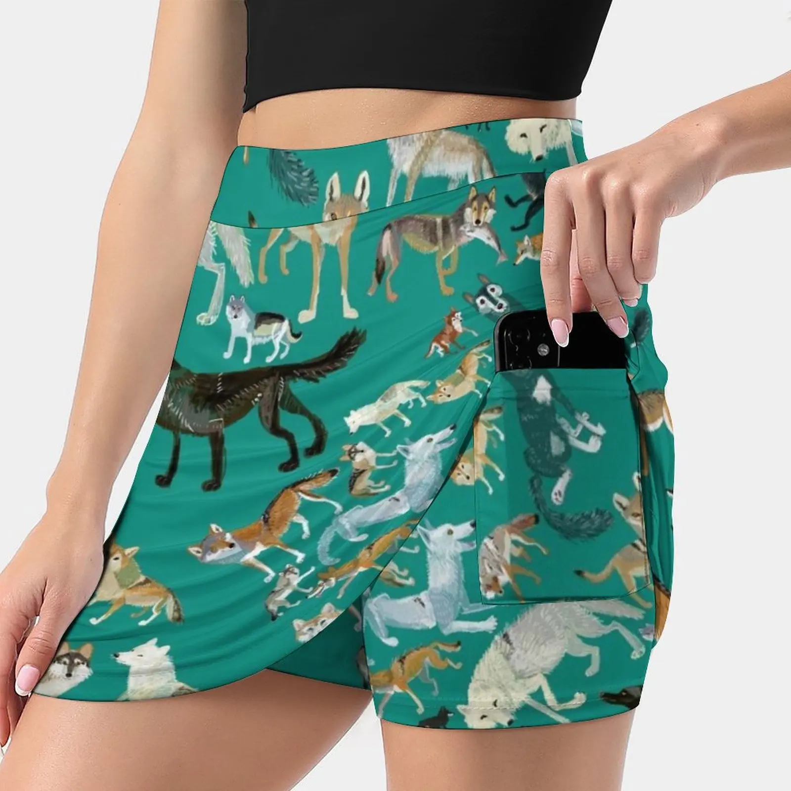 Wolves Of The World ( Green Pattern ) Women's skirt With Hide Pocket Tennis Skirt Golf Skirts Badminton Skirts Running skirts