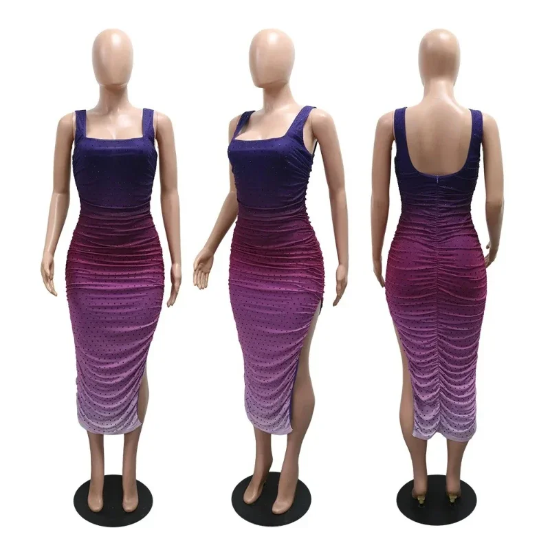 فستان نسائي بحزام سباغيتي مزين بحجر الراين وفتحة جانبية مكشكشة للحفلات مثير للمناسبات الخاصة #2