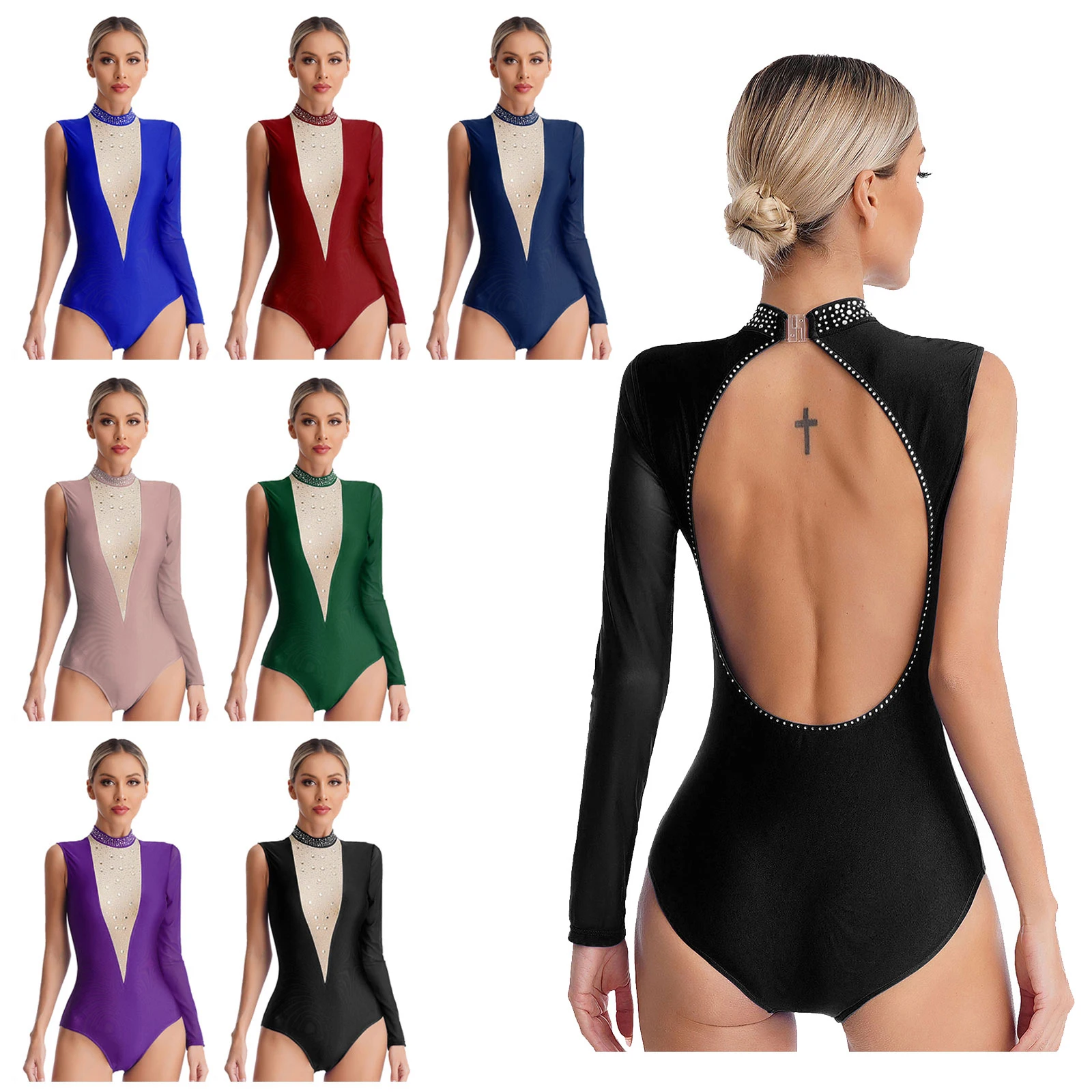 Women Ballet Leotards Sparkly Rhinestones Dance Bodysuit Open Back Gymnastics Leotard One Shoulder Sleeve Figure Skating Costume