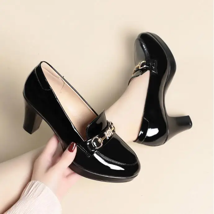 Autumn New Platform High Heels Women Round Toe Patent Leather Pumps Zapatillas Muje Female Party Elegant Model Office Work Shoes