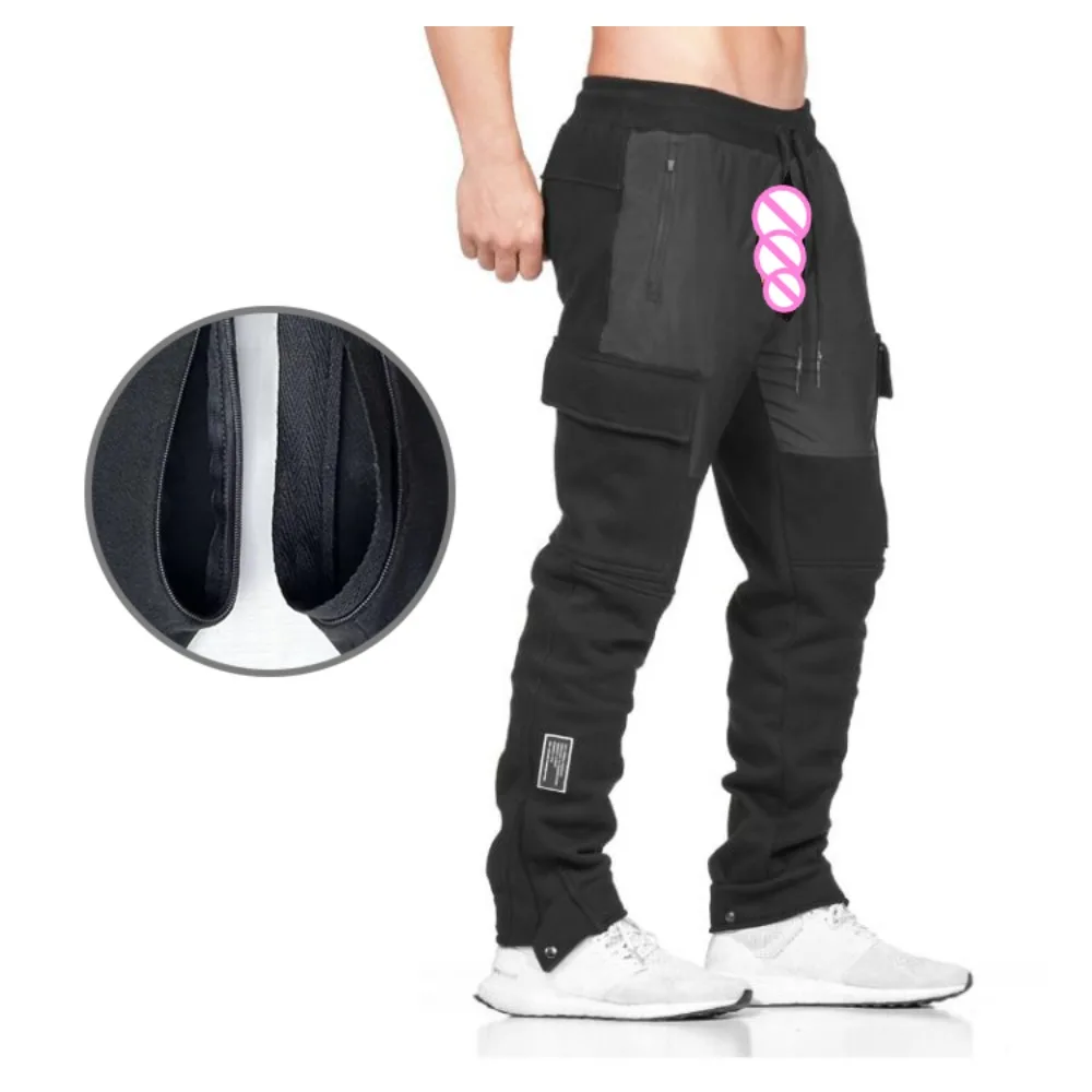 Men's Clothing Fitness Overalls Men Exoticism Invisible Open Crotch Outdoor Sex Trend Sports Running Straight Casual Trousers