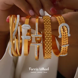 Belt Design Trendy Stainless Steel Zirconia Bracelet For Women Vintage Shiny Surface Bangle Luxury Jewelry