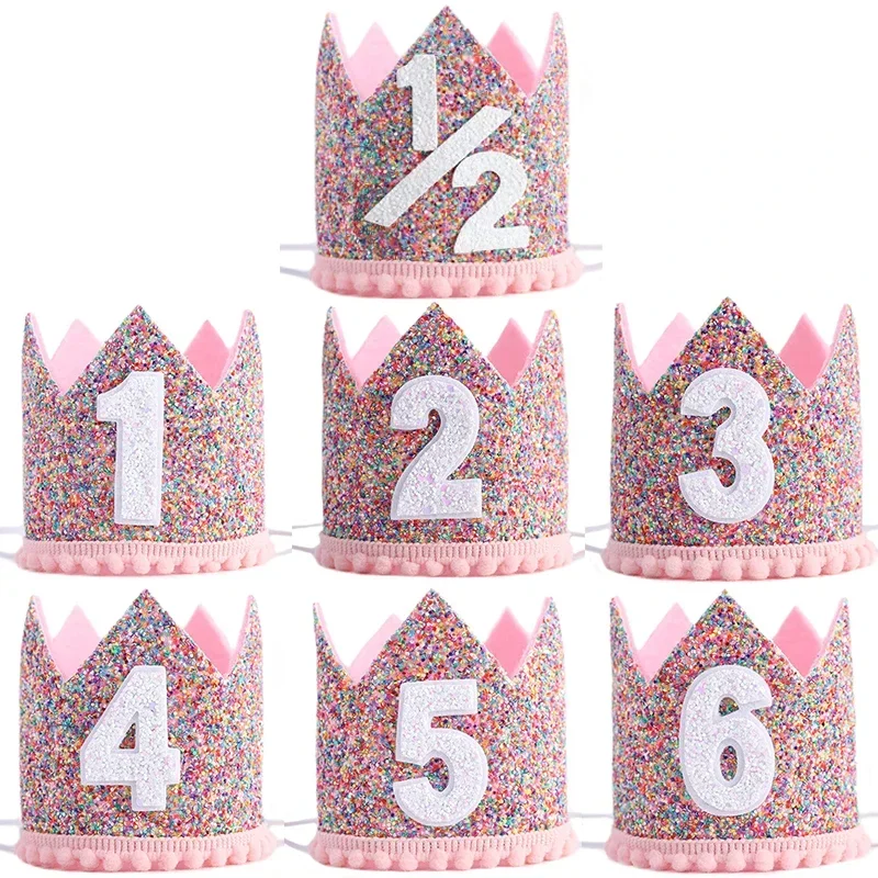 Kids 1/2 1 2 3 4 5 6 Year Old Birthday Hat Mini Princess Crown Headband Baby Girls Birthday Baby Shower Party Decoration Hats