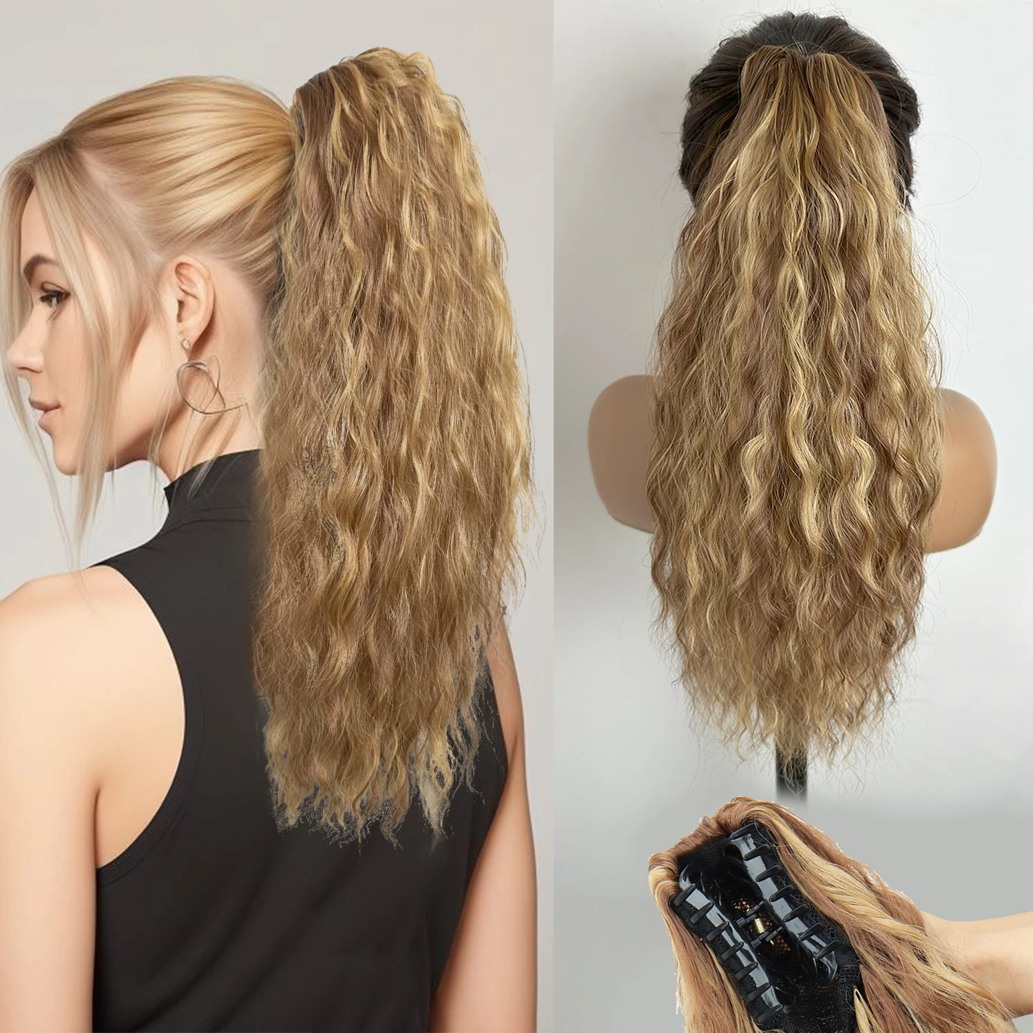 Synthetic Claw Clip on Ponytail Extension 18Inches Long Wavy Curly Pony Tails Hairpiece for Women Daily Party Blonde Brown Mixed