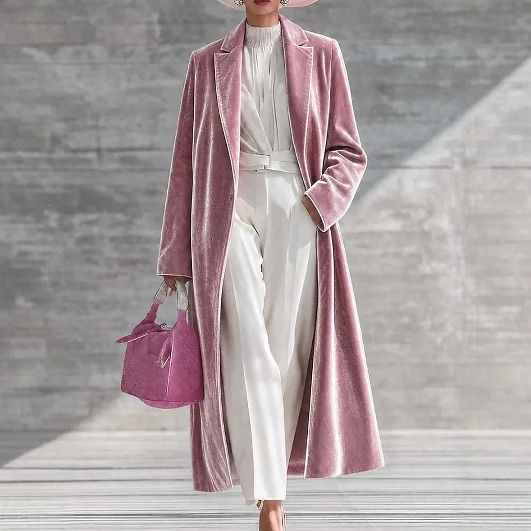 Winter New Velvet Long Coat Women Lapel Collar Open Front Maxi Outerwear Elegant Luxury Long Sleeve Casual Overcoat Streetwear